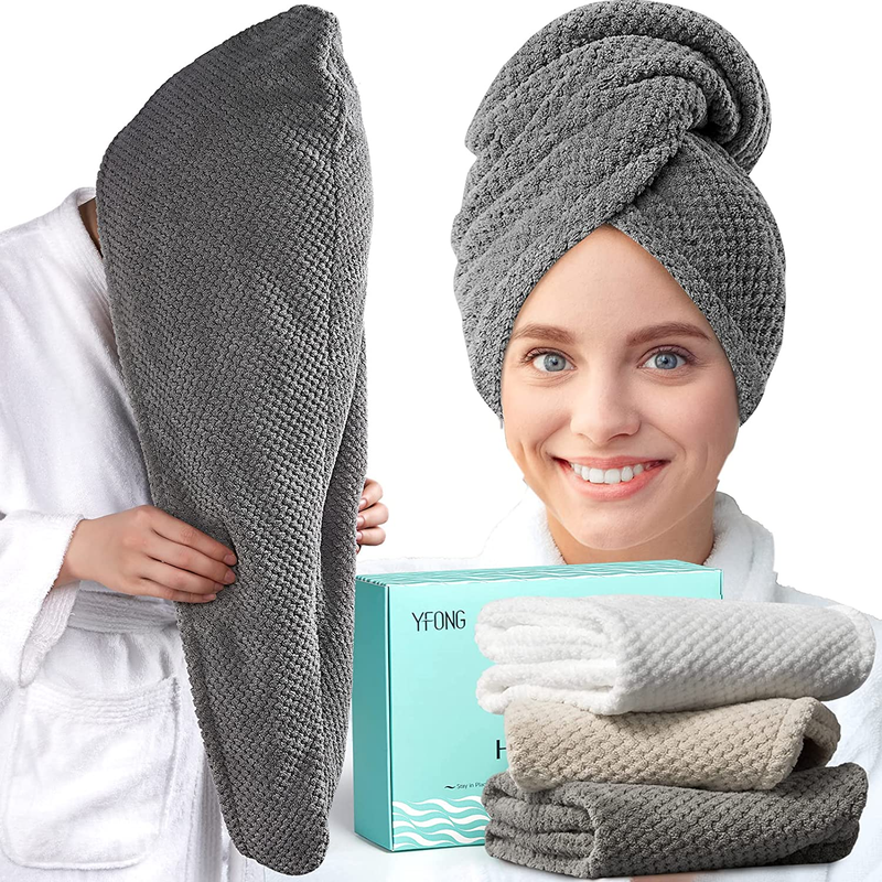 3-Pack Large Microfiber Hair Towel Wrap - Quick Dry, Anti-Frizz - Grey, White, C