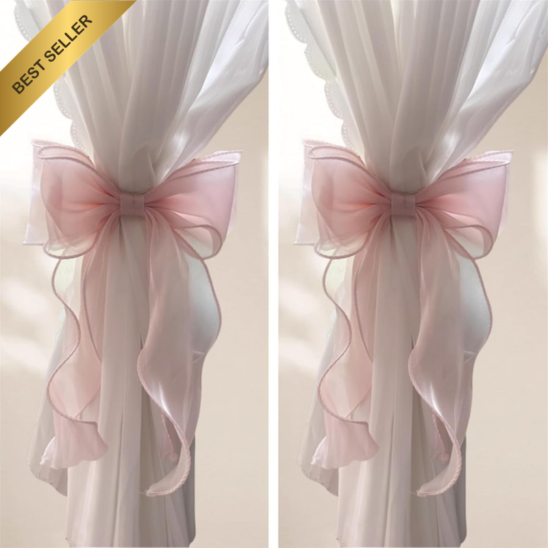 2 Pack French Silky Bow Curtain Tiebacks, Elegant Lace Ribbon for Curtains Decor
