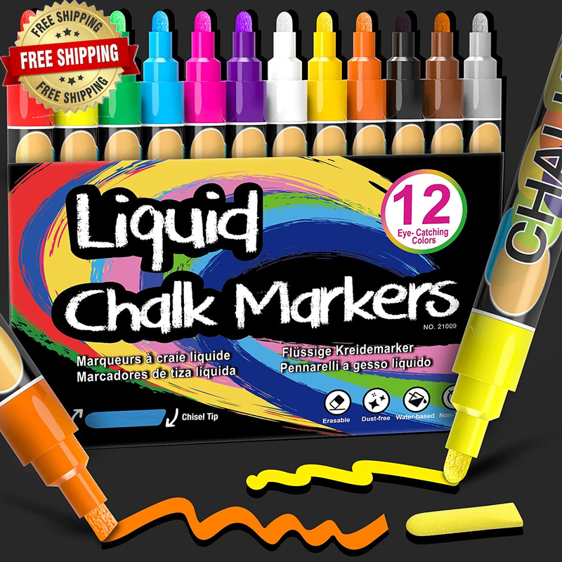 Liquid Chalk Markers, 12 Colors Wet Erase Neon Pen for Black Dry Erase Board, C