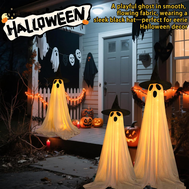 2 Packs Ghost Halloween Decorations Outdoor, Battery Operated Halloween Lights w
