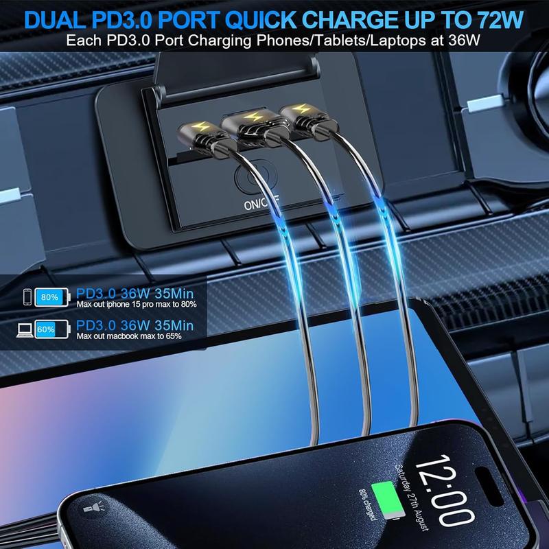 2PCS 3 Ports 12V RV USB Outlet 90W,  Dual PD3.0 Type-C Quick Charge 72W & USB QC