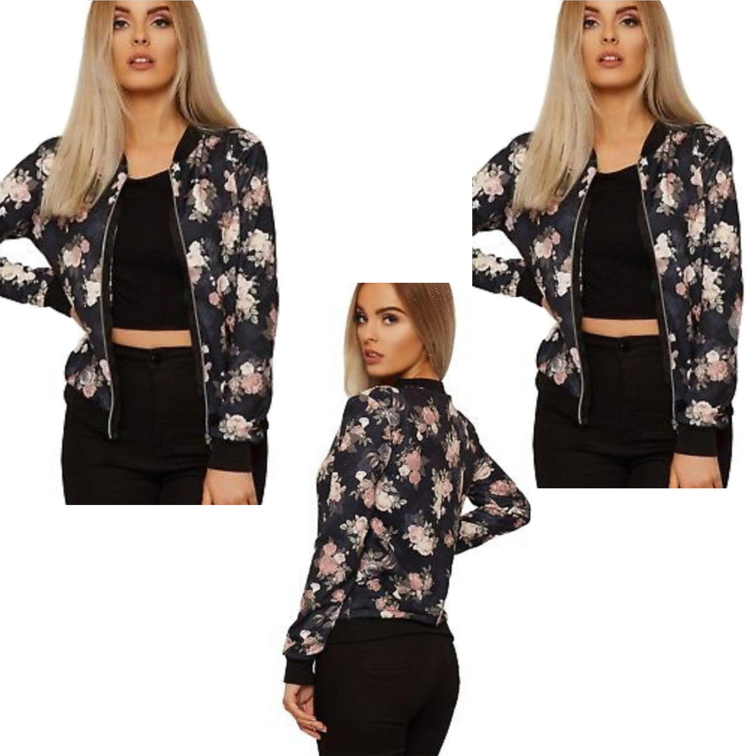 Womens Ladies Rose Floral Print Bomber Biker Jacket Zipper Top Coat Outwear UK