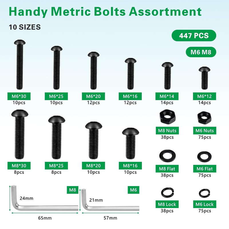 447PCS Metric Nuts and Bolts Assortment Kit - M6 M8 Screws Assortment, Assorted