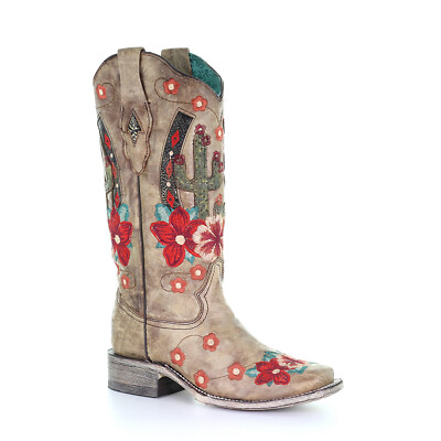 Pre-owned Corral Boots Corral Womens Cactus Flowers Cowboy Boots Leather Tan In Brown