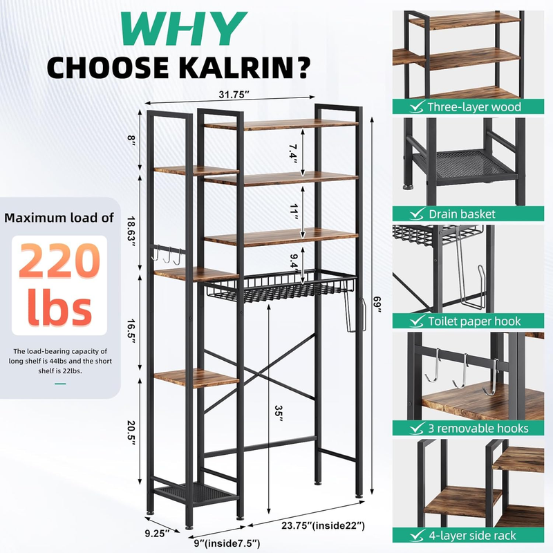 Over The Toilet Storage Rack with Extra Side Shelves, 4-Tier Bathroom Over Toile