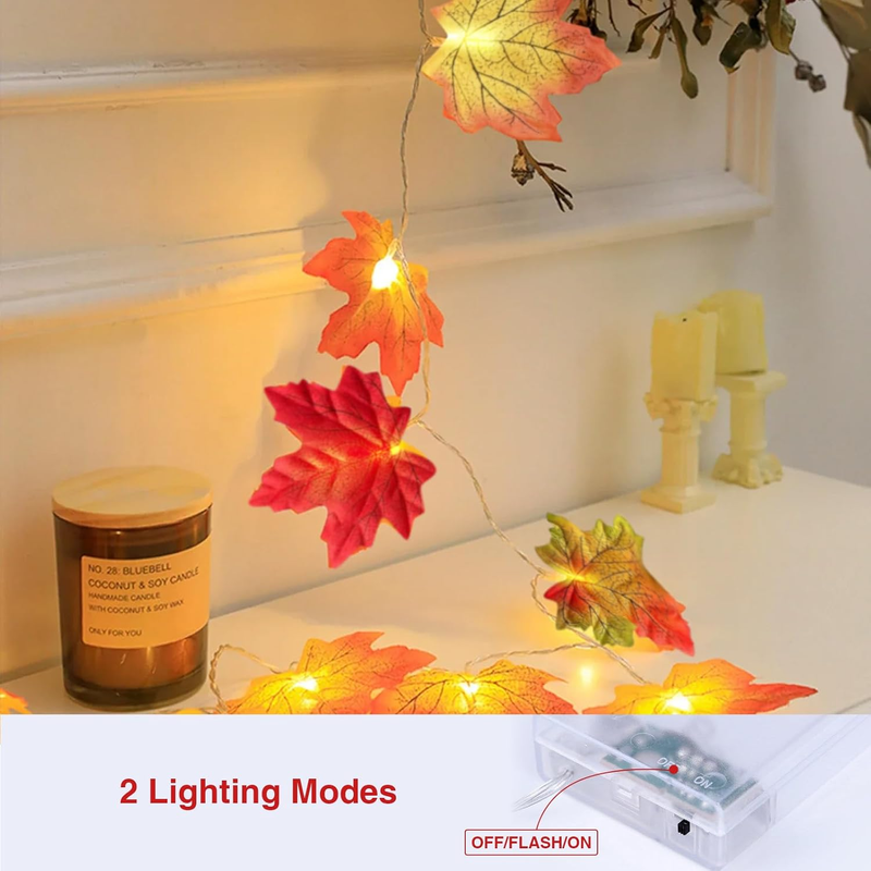 2 Pack Fall Maple Leaf String Lights, 40 LED 20Ft Battery Operated Garland with