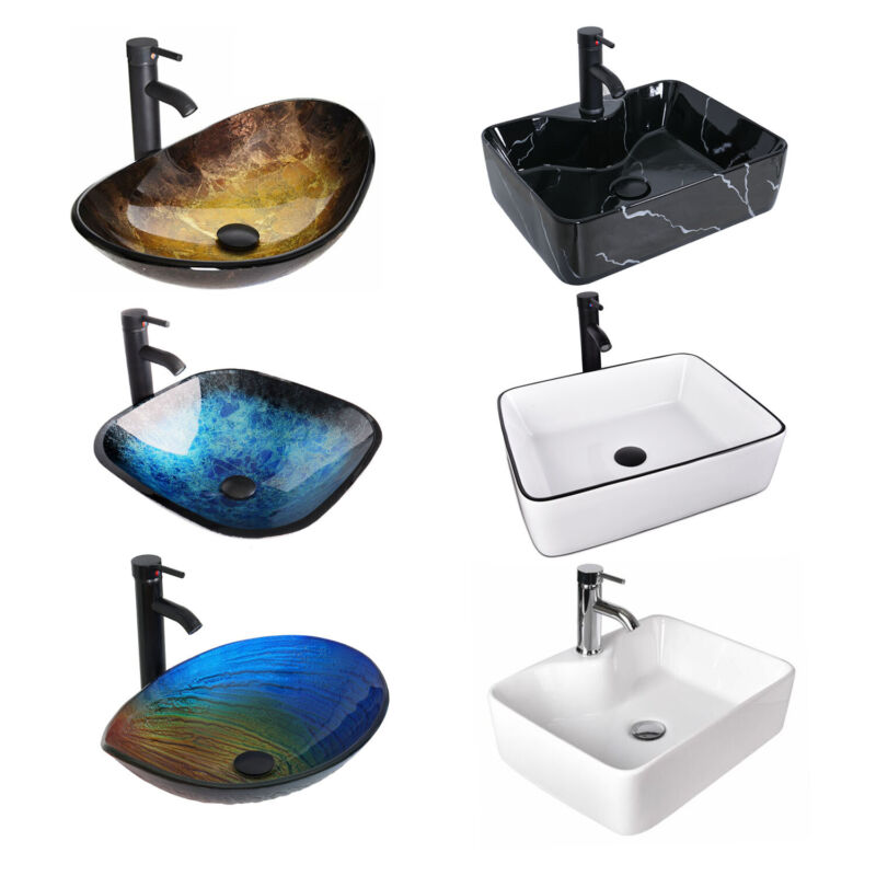 Bathroom Vessel Sink Faucet Combo Vanity Basin Bowl Ceramic Glass Pop Up Drain