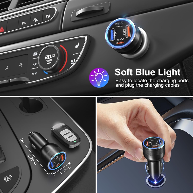 USB C Car Charger, 65W 4-Fast Port Dual 12V USB-C & USB-A Car Phone Charger PD&Q