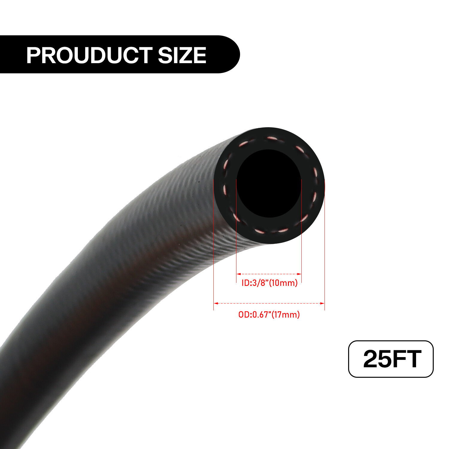 3/8 inch Fuel Hose Line Push Lock NBR Rubber SAE 30R7 25FT 300PSI Black