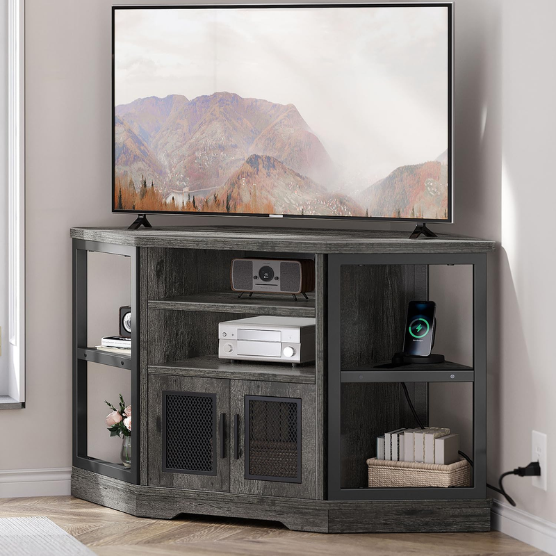 Corner TV Stand for Tvs up to 55 Inch with Power Outlet, Modern Farmhouse Entert
