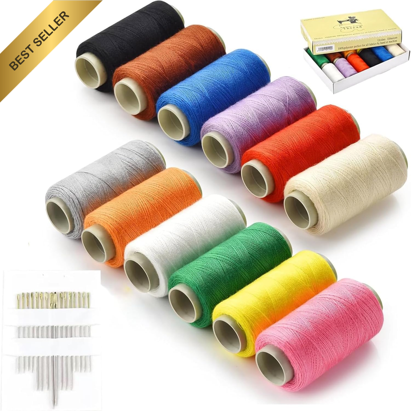 12-Color Sewing Thread Kit W/Needles - Spools Polyester Thread, 350 Yds Each - D