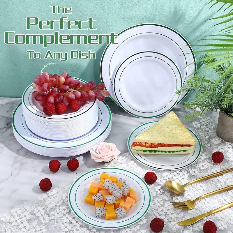 100 Pcs Disposable Dinnerware Set - Plastic Plates for Party - Elegant Green Rim
