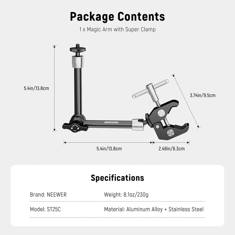 Clamp with 1/4" and 3/8" Thread and 9.8 inches/25cm Adjustable Magic Arm with 1/