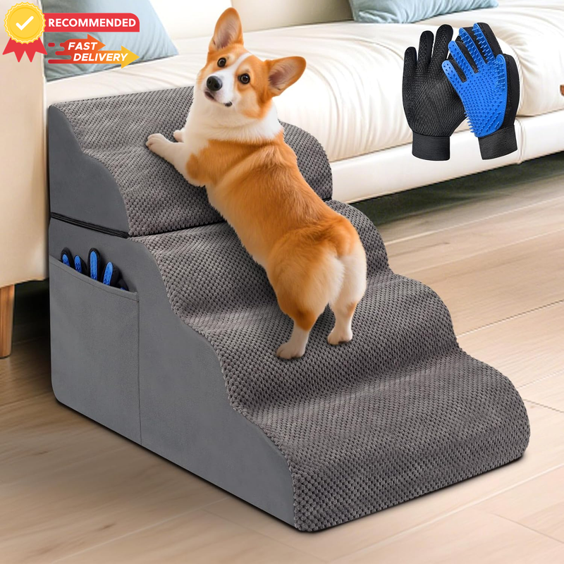 Pet Stairs for Bed | 5-Step Dog Ramp with Handle | Non-Slip Washable Steps