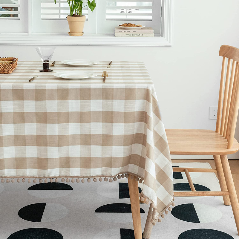Farmhouse Pompom Checkered Rectangle Linen Tablecloth Buffalo Plaid Table Cover