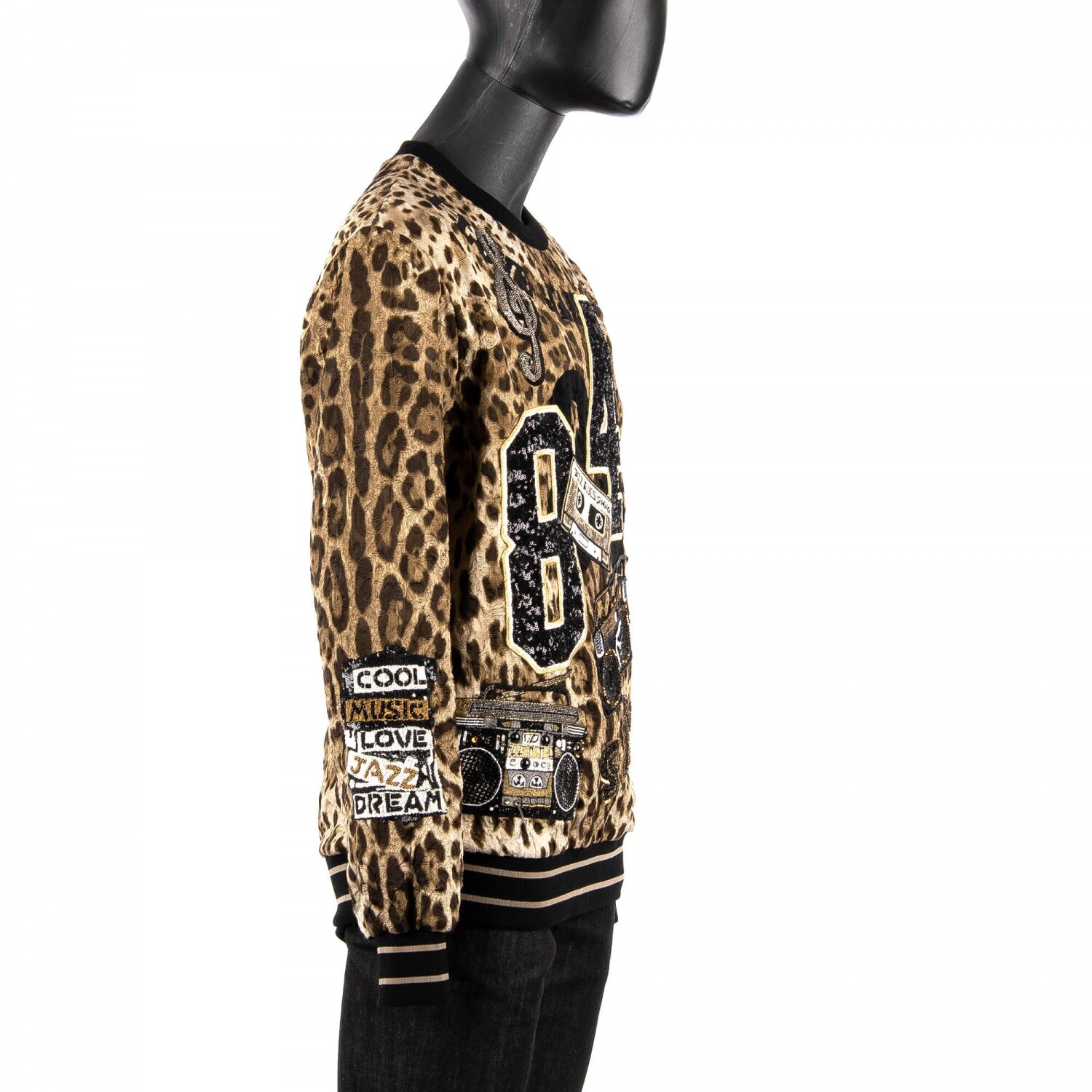 Pre-owned Dolce & Gabbana Leopard Sweater With Music Jazz Blues Embroidery Black 08937