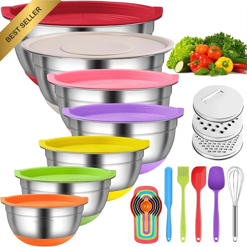 Multicolor Mixing Bowls with Lids,Non-Slip Bottoms,7 Pcs Stainless Steel Salad a