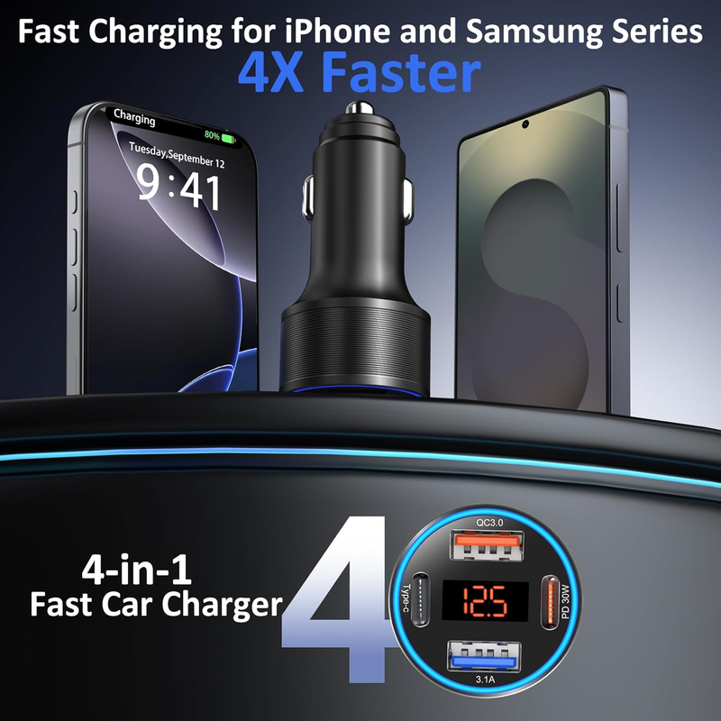 USB C Car Charger,  4-Port 65W Super Fast Car Phone Charger Dual 12V USB-C & USB