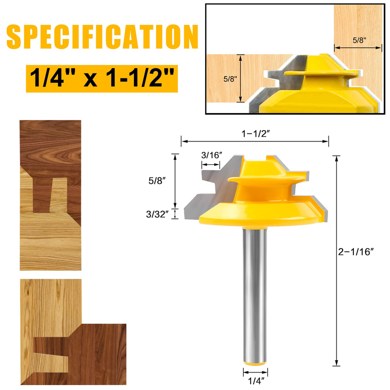 45 Degree Lock Miter Router Bit 3-Piece Set, for 1/2”, 5/8”, 3/4” Cutting Height