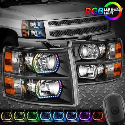 Для 07-13 Chevy Silverado Черные янтарные RGB светодиодные фары DRL с последовательным включением