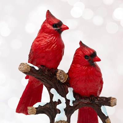 Cardinal Figurine - 2 Red Christmas Cardinals Sitting on a Snowy Tree Branch