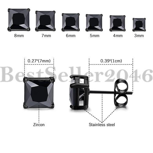 3-8mm Stainless Steel Square Princess Cut Cubic Zirconia Men Women Stud Earrings