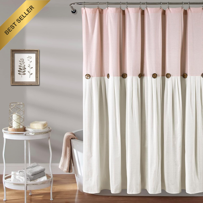 Linen Shower Curtain with Buttons, Cotton Blend, Blush & White, 72