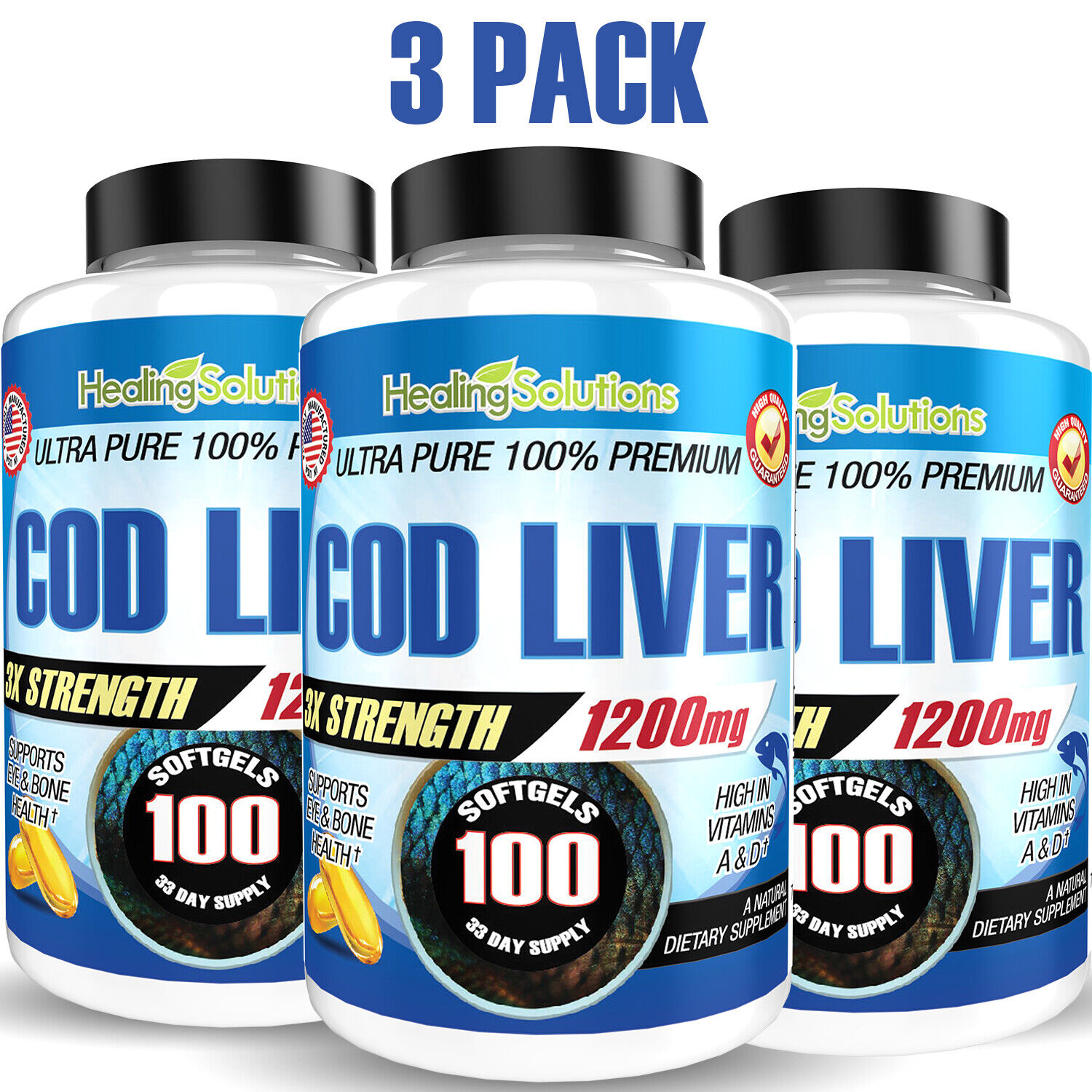 Cod Liver Oil Omega 3 Non Fermented 1200mg Joint Pain Relief - XL100ct - 3 PACK