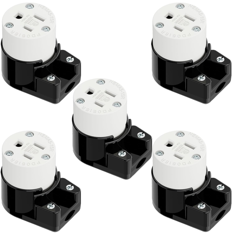 Right Angle Socket NEMA 5-15R 15A 125V 3-Prong Rewirable ETL Black White