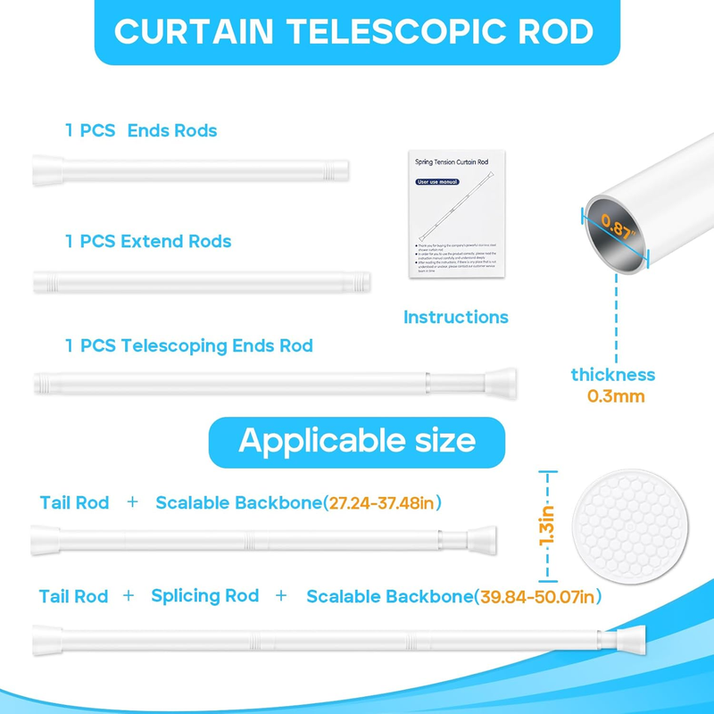 White Tension Curtain Rod for Windows 28 to 48 inch Adjustable Expandable Pressu