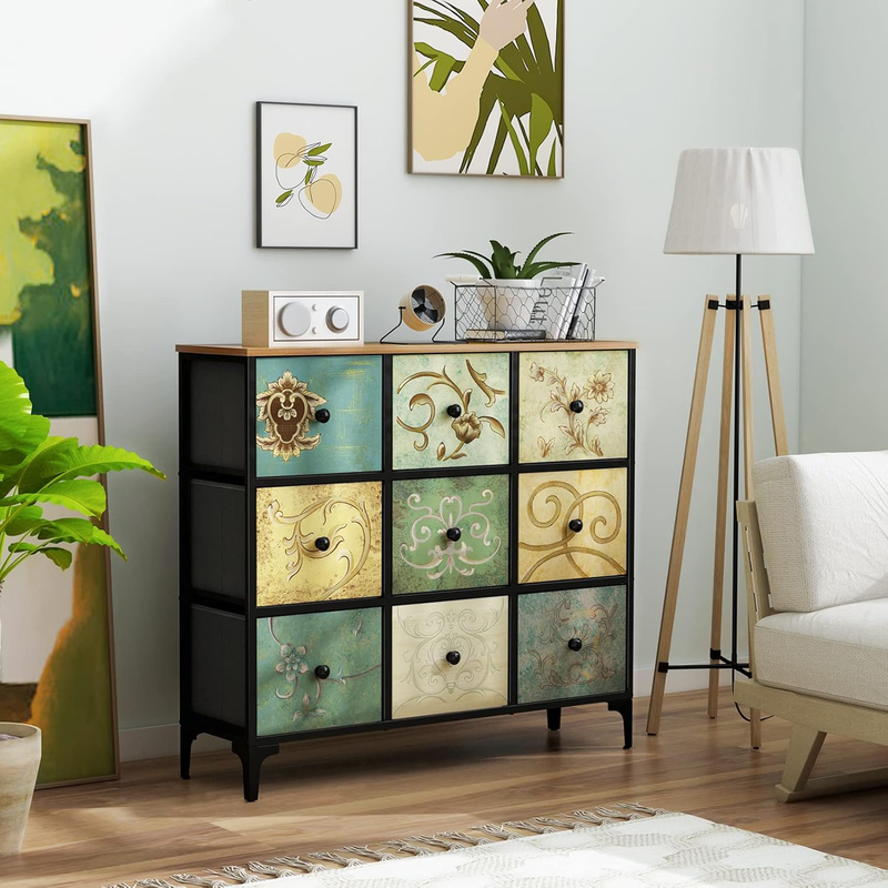 Dresser with 9 Drawers, Tall Storage Dresser for Bedroom, Modern Chest of Drawer