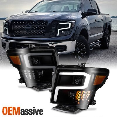 Fits 2016-2024 Nissan Titan Projector Headlights w/ LED Signal Tube- Black Smoke