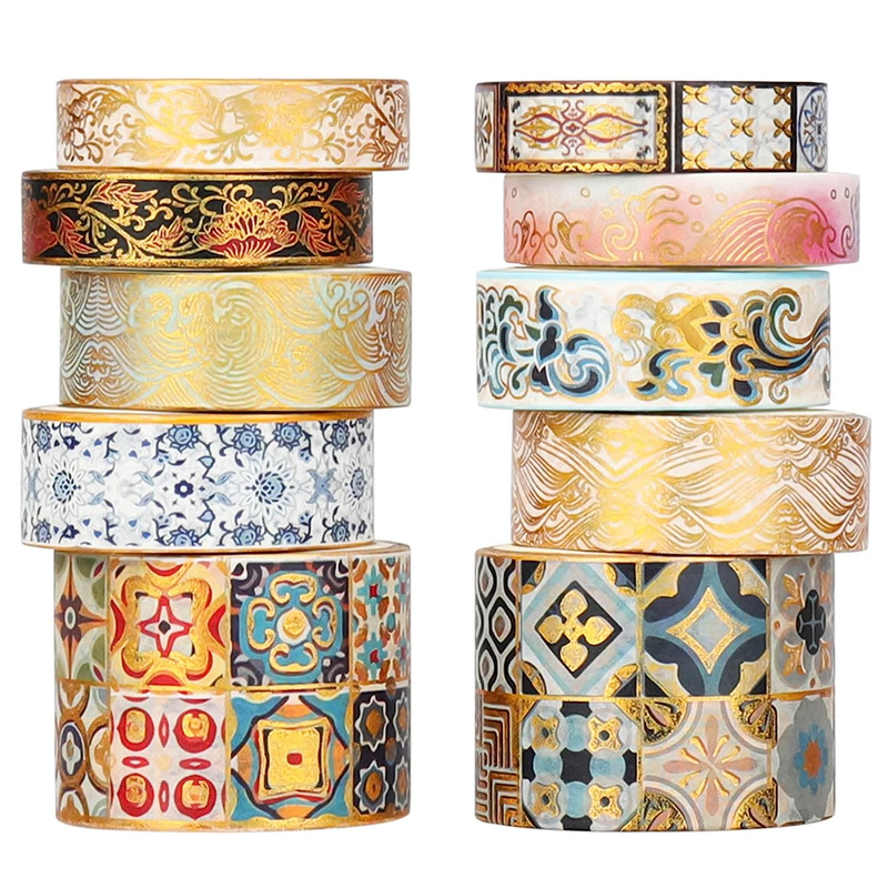 Gold Vintage Washi Tape - Foil Washi Masking Tape Set with Gift Box - Aesthetic
