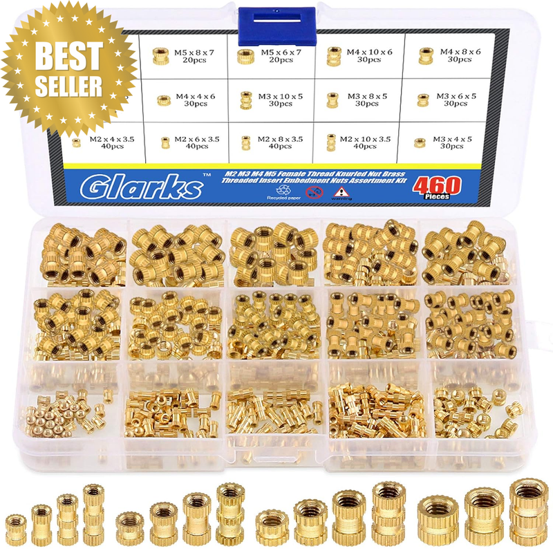 460Pcs M2 M3 M4 M5 Female Thread Knurled Brass Threaded Insert Embedment Nut Ass
