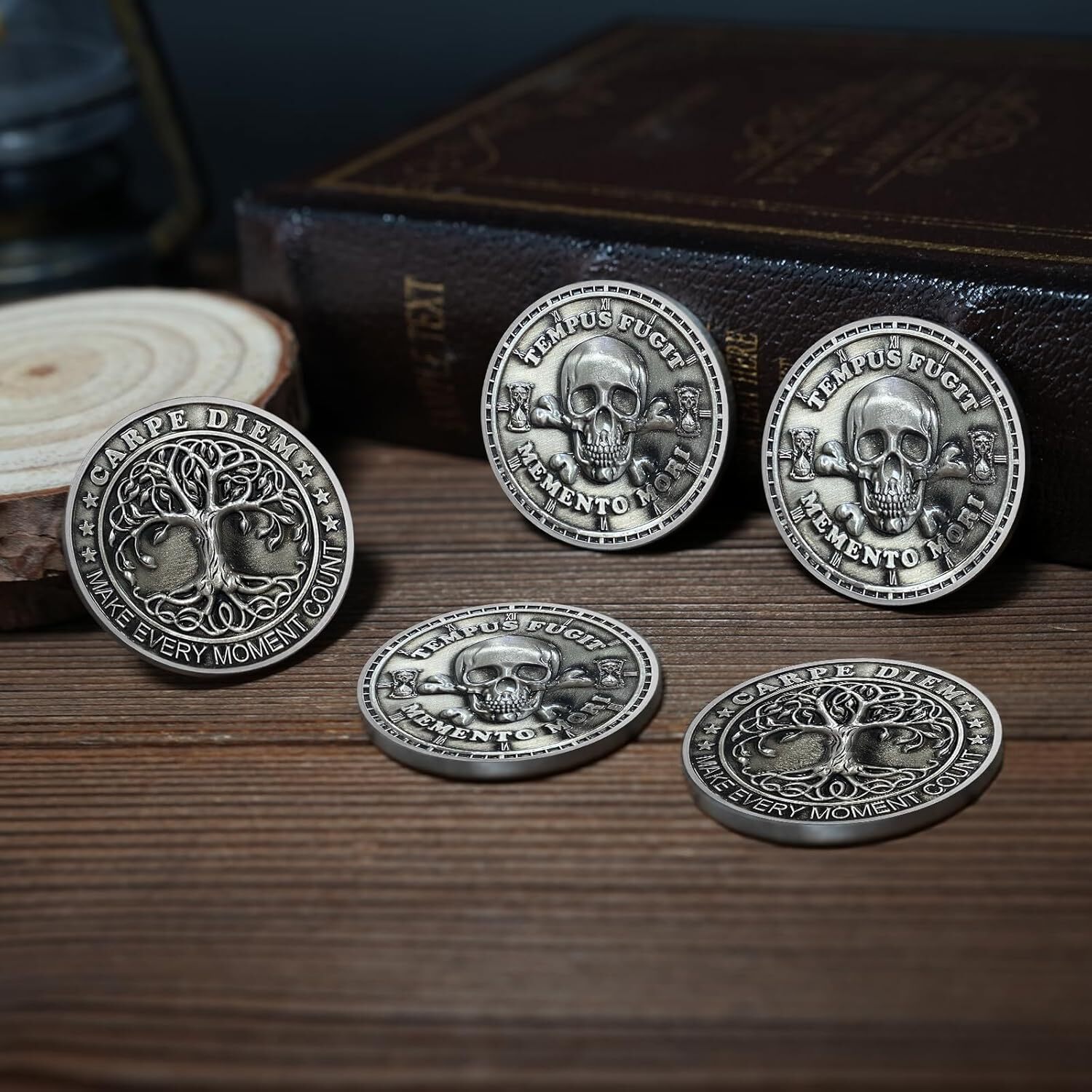 5pcs Memento Mori Memento Vivere Coin Skull and Tree of Life