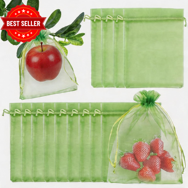 50 Pack Fruit Protection Bags with Drawstring, 6"×7.9" Green Organza Mesh Bags f