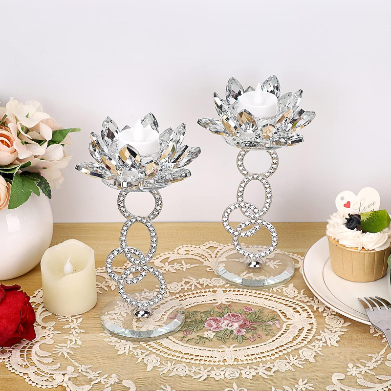 Set of 2 Crystal Lotus Flower Candle Holders Metal Glass Lotus Pillar
