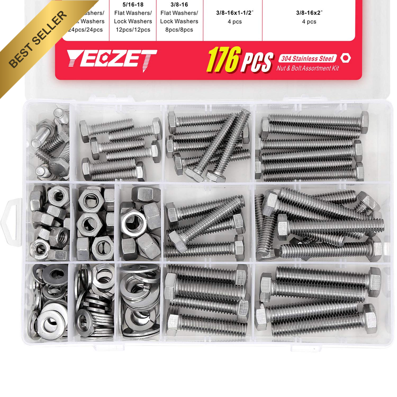 176PCS Heavy Duty Bolts and Nuts Assortment Kit, 304 Stainless Steel, Includes 9
