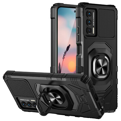For Cricket Outlast/AT&T Jetmore Metal Ring Case Magnetic Stand +Tempered Glass