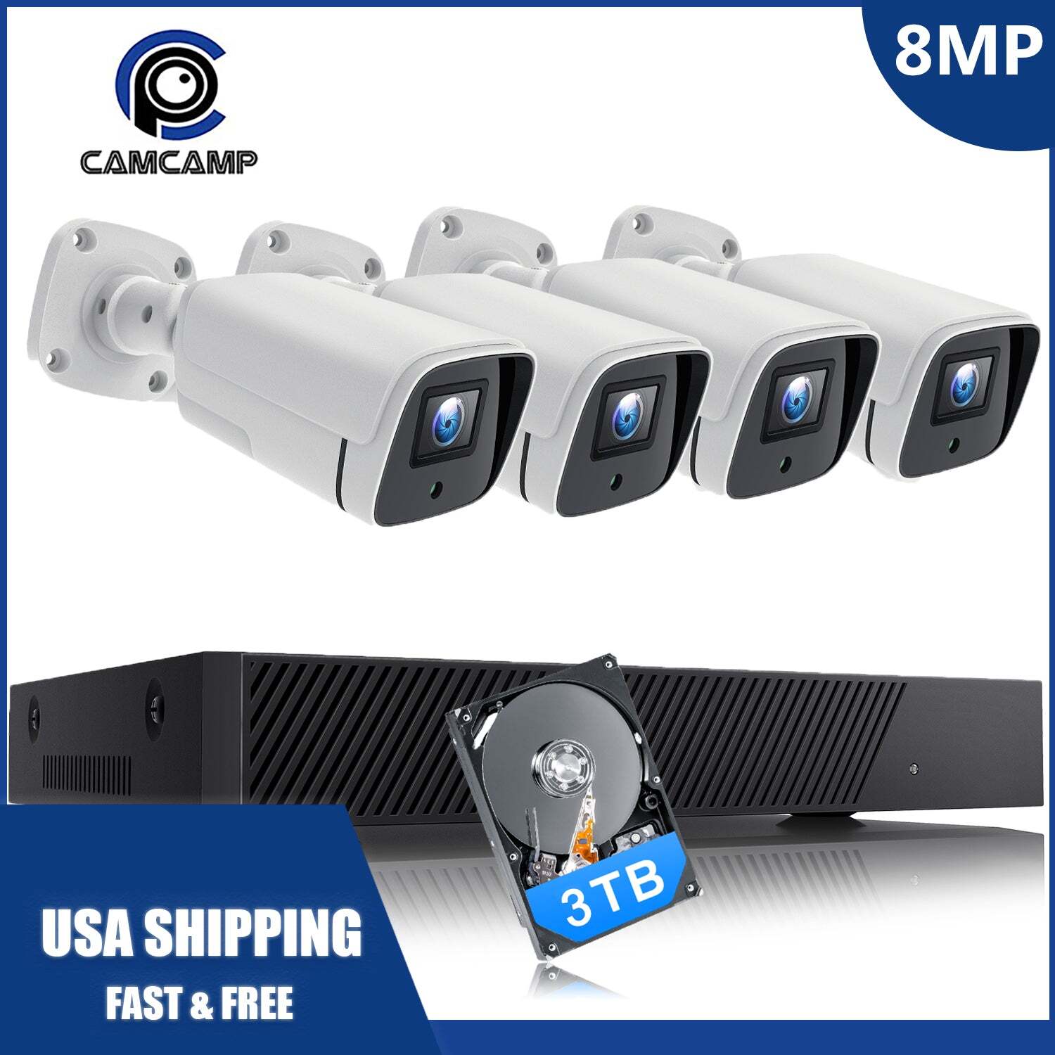 8CH 4K PoE security camera System With 8MP 3TB NVR AI Human Detection