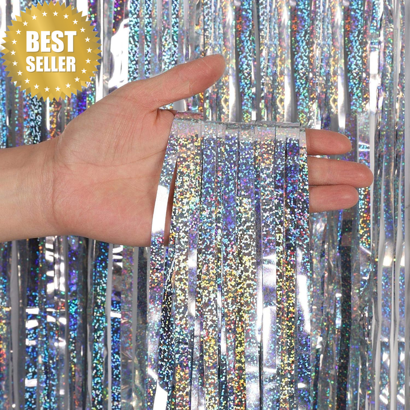2 Pack Silver Foil Fringe Curtain Metallic Backdrop Party Decor 3x8ft