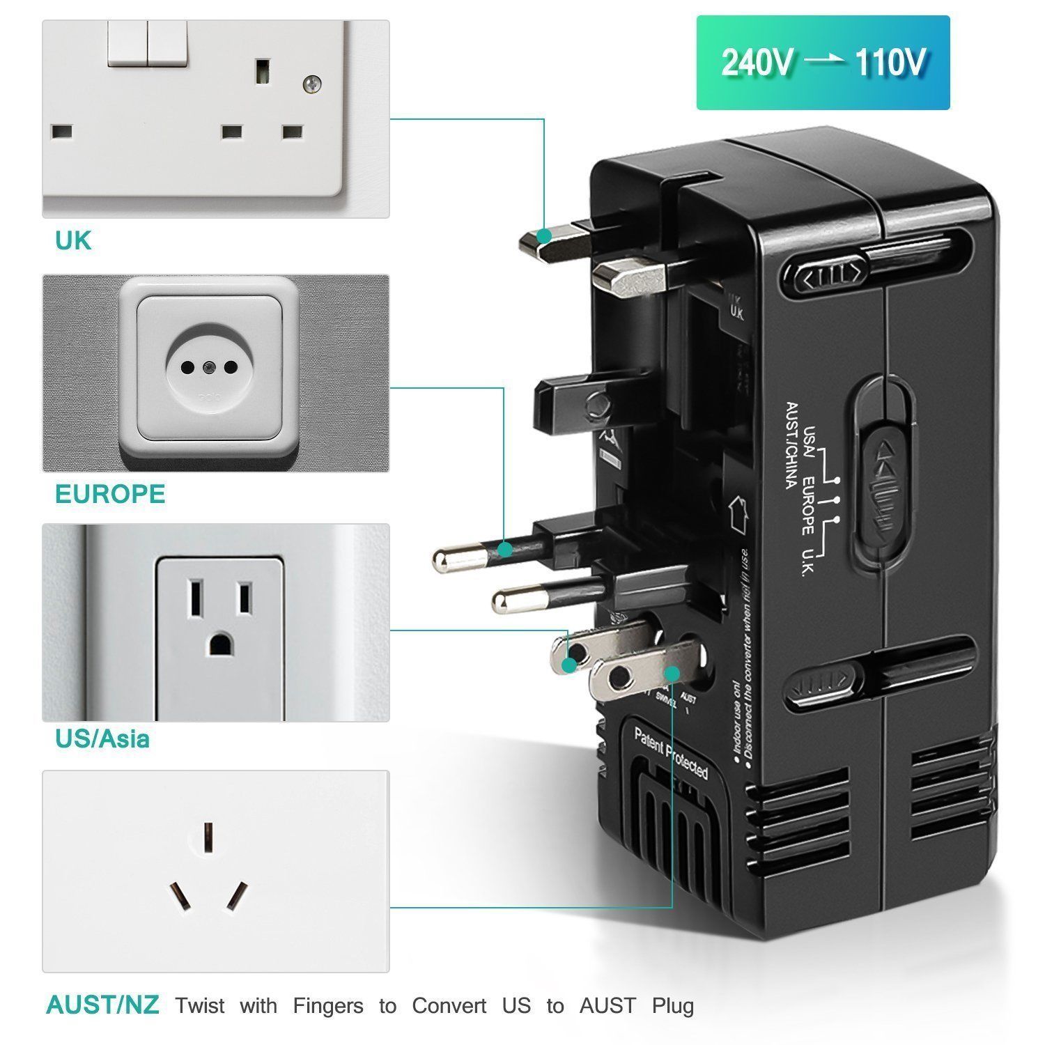 TryAce 1875W World Travel Adapter & Converter Combo 240V to 110V International