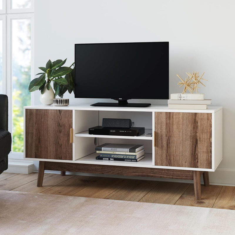 Media Console With Wooden Frame And Cabinet Doors,