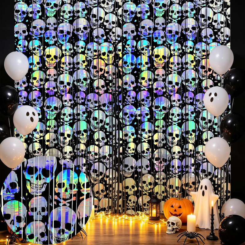 Black Skull Iridescent Fringe Curtain Backdrop (2 Packs), 3.3X8.2Ft Plastic Skul
