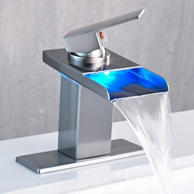 Bathroom Faucet Brushed Nickel LED Waterfall Basin Sink 3-Hole Mixer Tap w/Cover