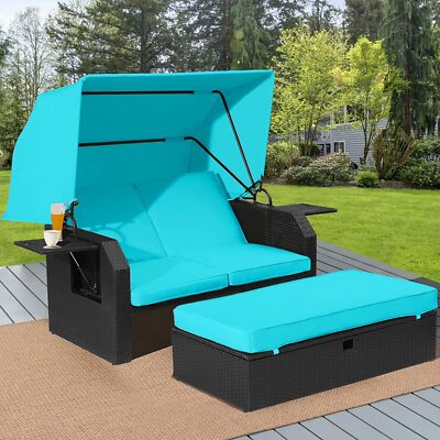 Outdoor Wicker Loveseat - Patio Furniture Set with Retractable Canopy