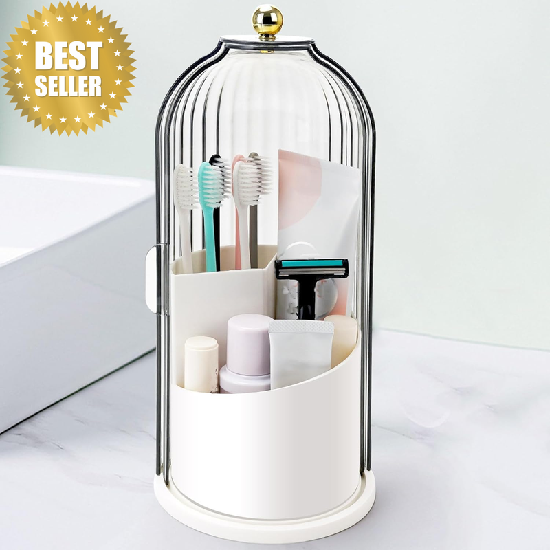 Toothbrush Holder with Sliding Lid, 360° Rotating 3 Slots Bathroom Countertop Or