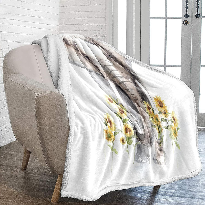 Elephant Blanket Sherpa Fleece Throw Blanket, Sunflower Elephant Gifts for Women