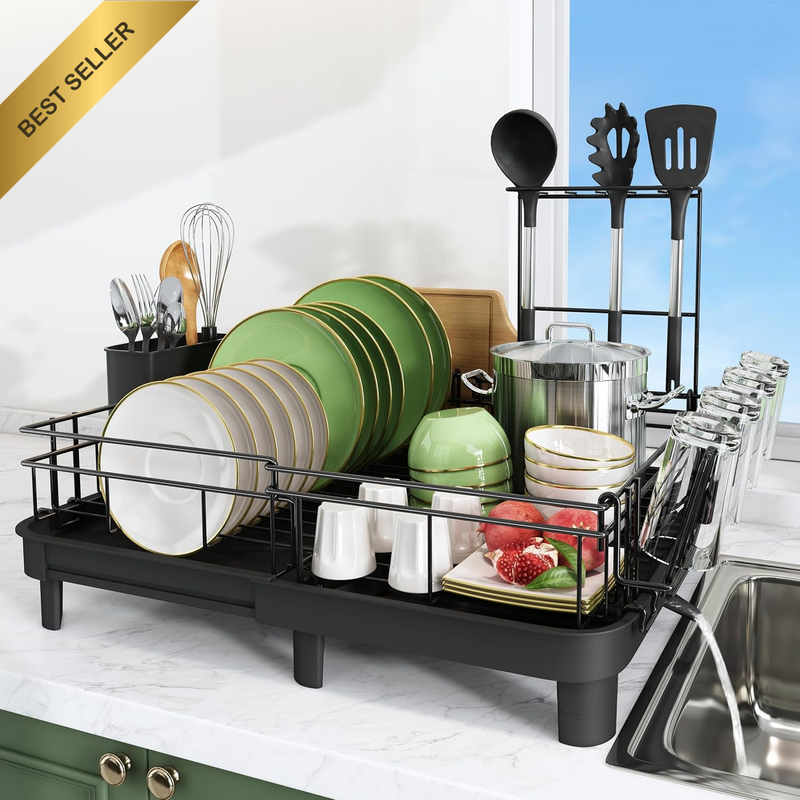 Extendable Black Stainless Steel Dish Drying Rack w/Drainboard Utensil Cutting B