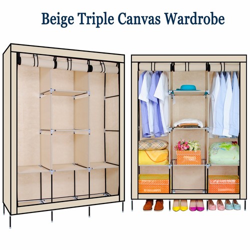 Beige Fabric Triple Wardrobe Canvas Wardrobe Clothes Hanging Rail